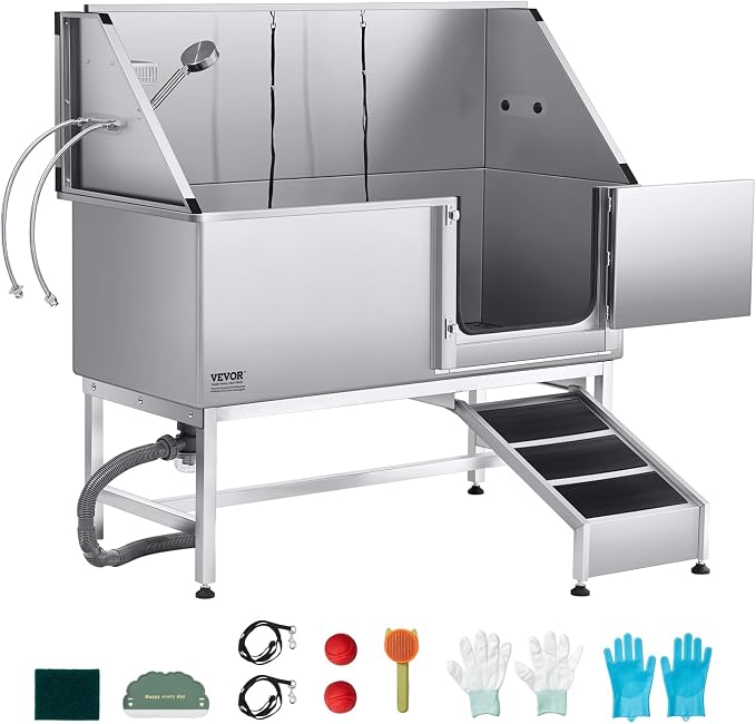 VEVOR Stainless Steel Dog Washing Station, Professional 62 inch Pet Grooming Tub w/Ramp, PE Water Filter Board, Faucet & Showerhead & Soap Holder Bathtub for Large & Medium & Small Pets (Right Door) - Image 9