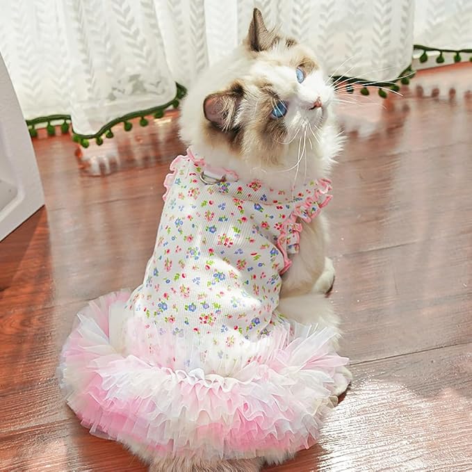Floral Puppy Dress with D-Ring Ruffled Small Dog Clothes Female Spring Cat - Image 2