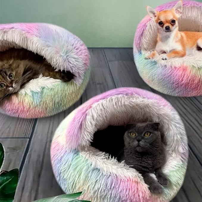 Cat Bed Round Fluffy Hooded Cat Bed Cave, Anti-Anxiety Cave Bed - Image 6