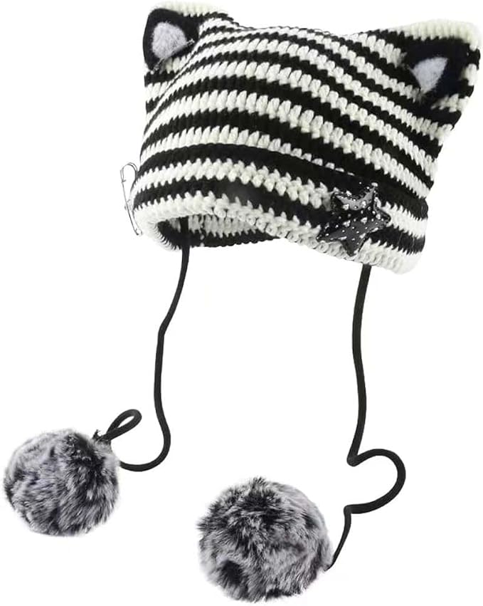 Y2k Beanie Cat Ear Gyaru Acubi Devil Crochet Hats Cute Kawaii Star Grunge by Sumleno