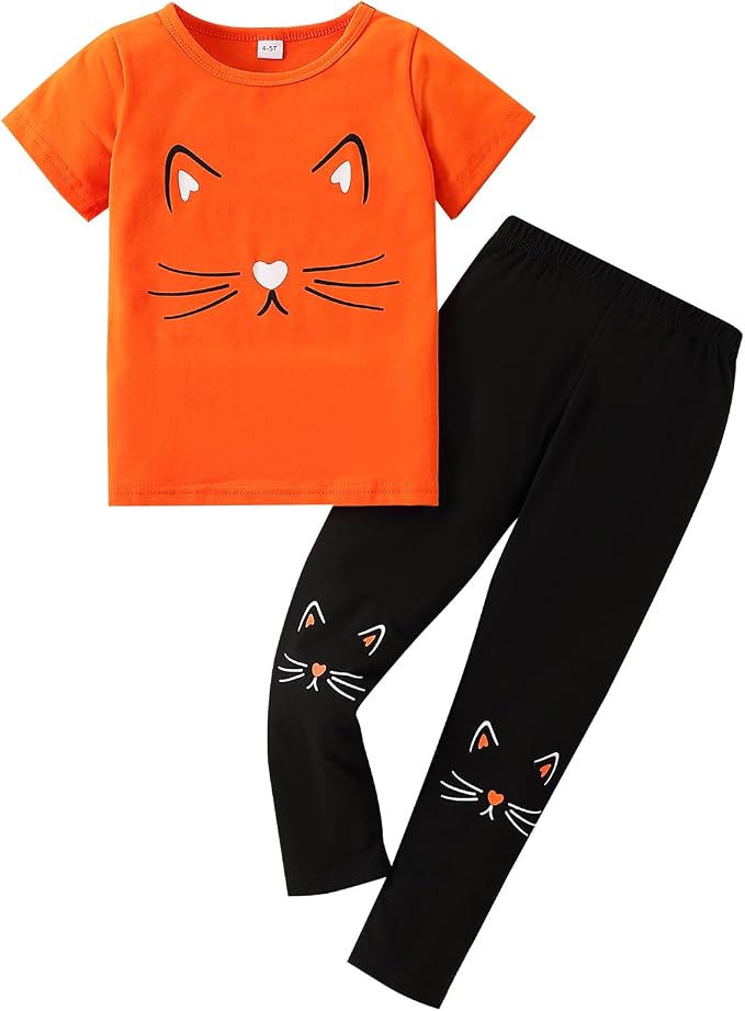 4-8T Toddler Girl Clothes Cat face print Short Sleeve Top+Pants Outfits Girl by Unknown