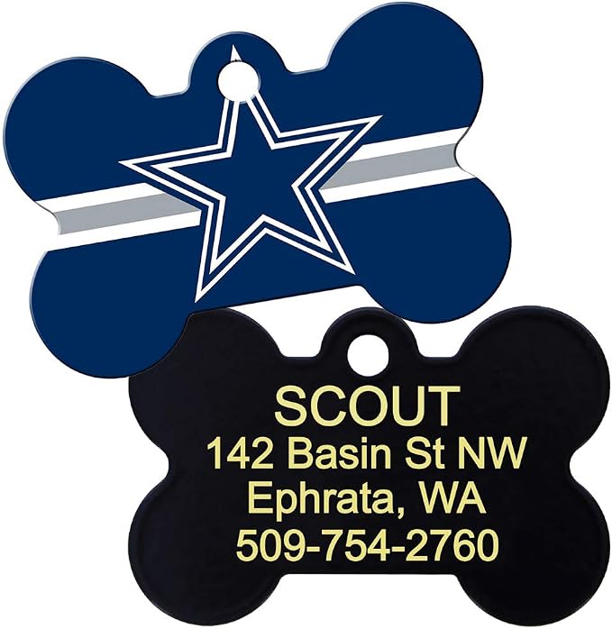 GoTags Personalized Dallas Cowboys Dog Tag, Brass Metal Bone Shape Pet ID Tag - Image 2
