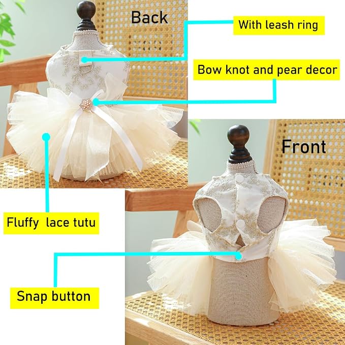 Fancy Dog Dresses with Leash Ring, Embroidered Dog Wedding Dress, Bow Puppy - Image 3