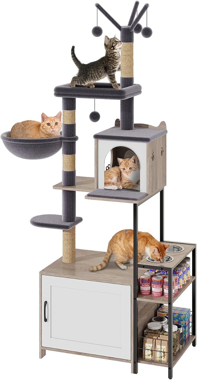 Cat Tree with Food Station and Litter Box Enclosure, Plush Hammock in Gray by HAVENLYYOUTH
