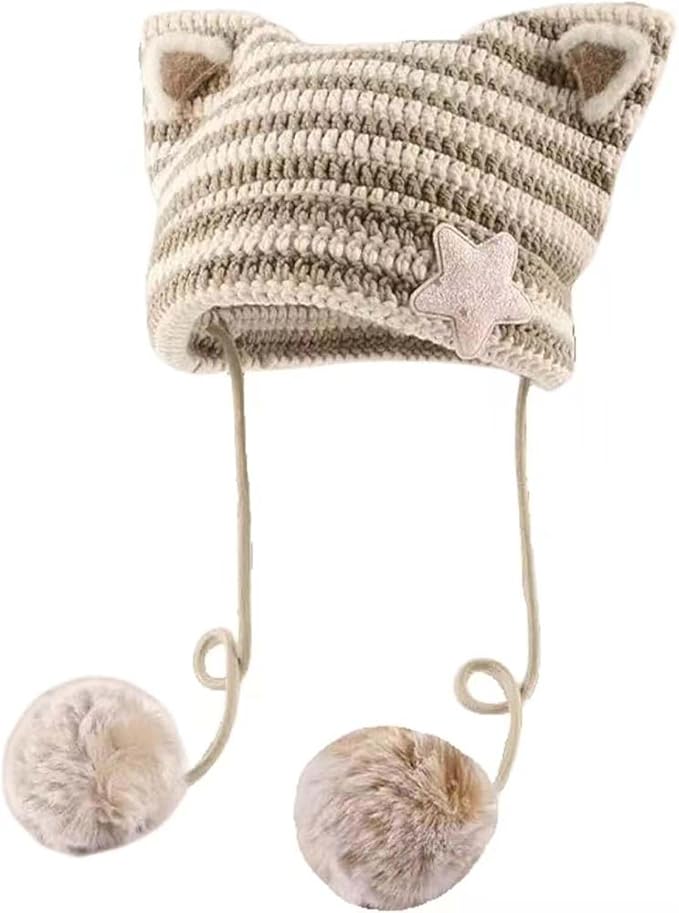 Y2k Beanie Cat Ear Gyaru Acubi Devil Crochet Hats Cute Kawaii Star Grunge by Sumleno