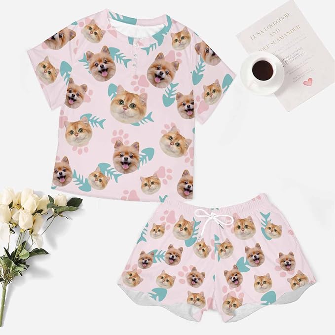 Custom Short Pajamas Set with Face Photo Women‘s Sleepwear Tee Personalized PJ - Image 5