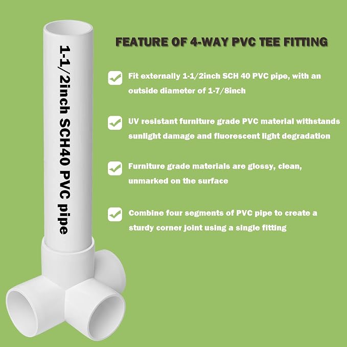 6Pack PVC Fittings 1-1/2Inch 4 Way, Furniture Grade Elbow Pipe Fittings - Image 3