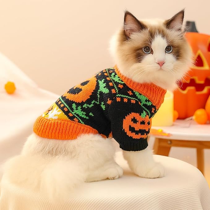 ANIAC Halloween Small Dog Sweater Pumpkin Cat Turtleneck Knitwear Warm Pet - Image 2