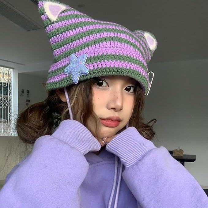 Y2k Beanie Cat Ear Gyaru Acubi Devil Crochet Hats Cute Kawaii Star Grunge - Image 4