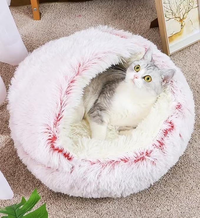 Cat Bed Round Fluffy Hooded Cat Bed Cave, Anti-Anxiety Cave Bed - Image 3
