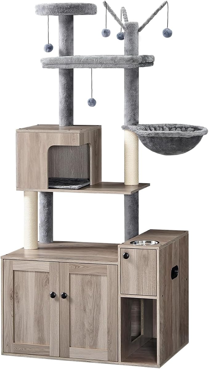 HOOBRO Cat Tree with Litter Box Enclosure, 68.9" H Cat Tower with Food Bowl and by HOOBRO