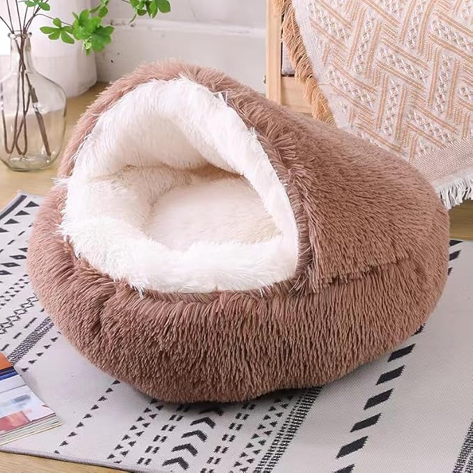 Cat Bed Round Fluffy Hooded Cat Bed Cave, Anti-Anxiety Cave Bed - Image 6