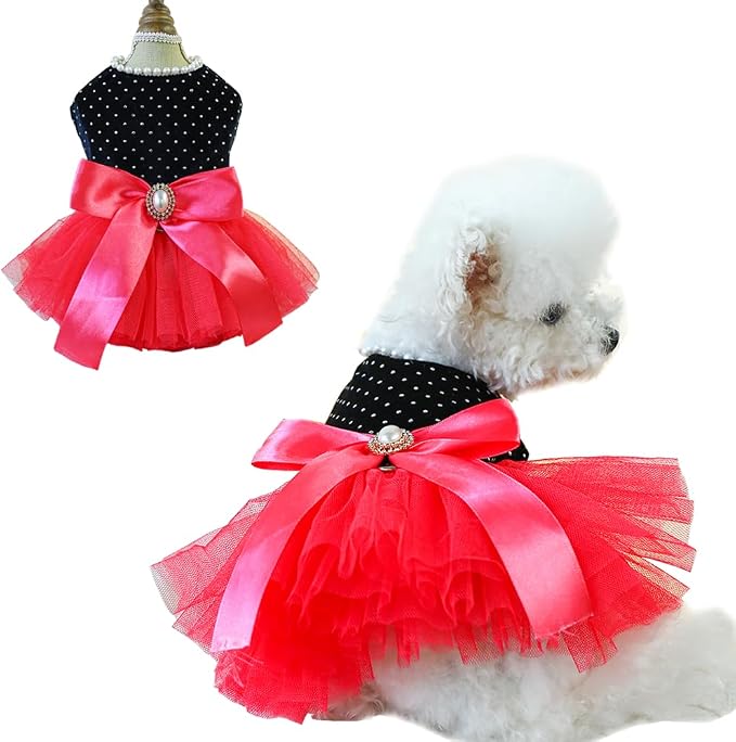 Black Polka Dot Dog Dress with D-Ring, Puppy Wedding Attire by Anelekor