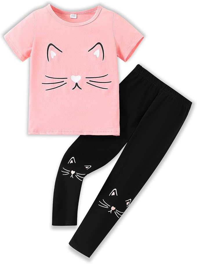 4-8T Toddler Girl Clothes Cat face print Short Sleeve Top+Pants Outfits Girl by Unknown