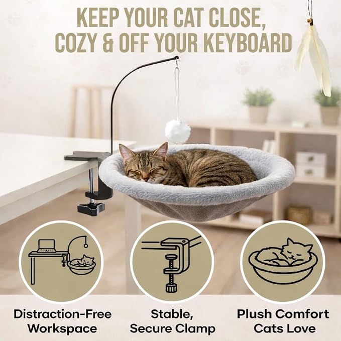 Cat Desk Bed for Home Office – Plush Clamp-On Cat Hammock - Image 2
