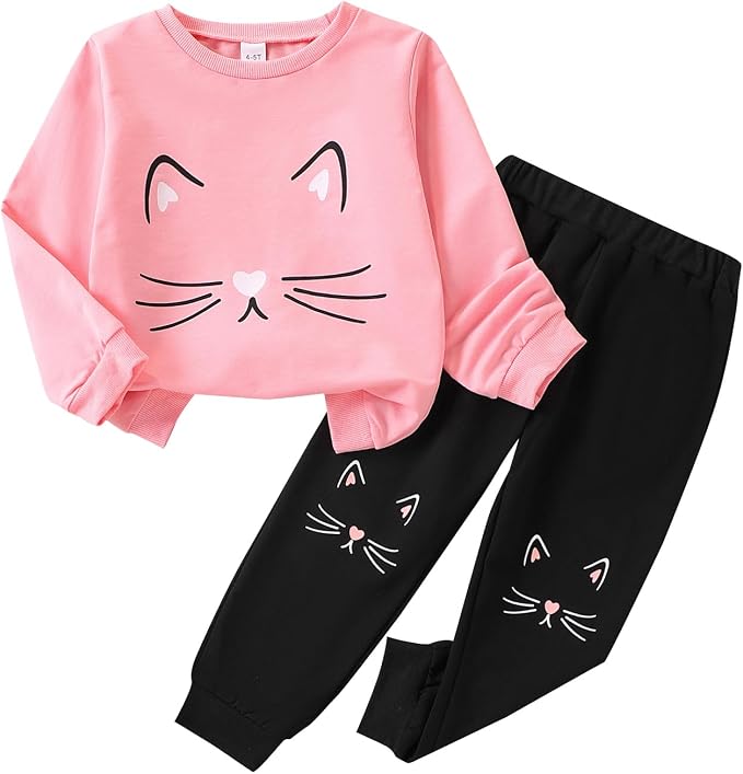 4-8T Toddler Girl Clothes Cat face print Short Sleeve Top+Pants Outfits Girl by Unknown