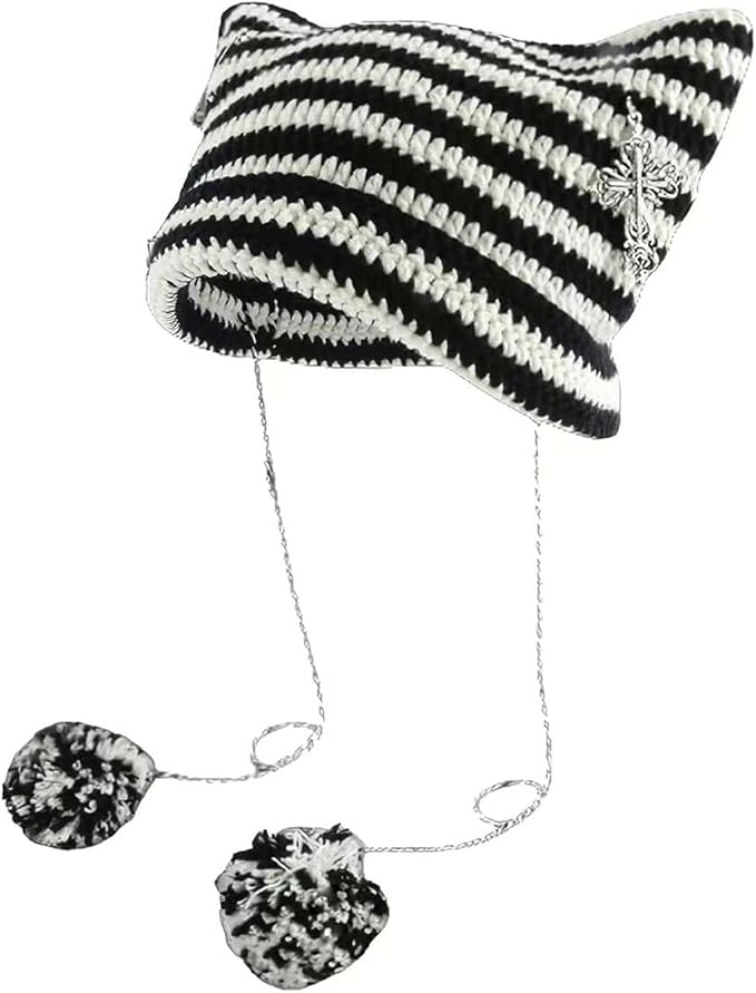 Y2k Beanies Crochet Knitted Cat Hats Goth Cross Devil Hat Striped Alt Emo by Sumleno