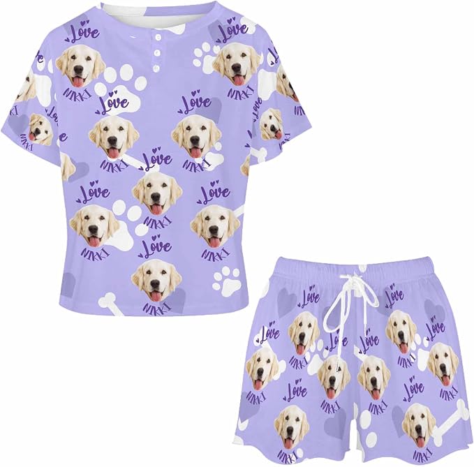 Custom Short Pajamas Set with Face Photo Women‘s Sleepwear Tee Personalized PJ - Image 3