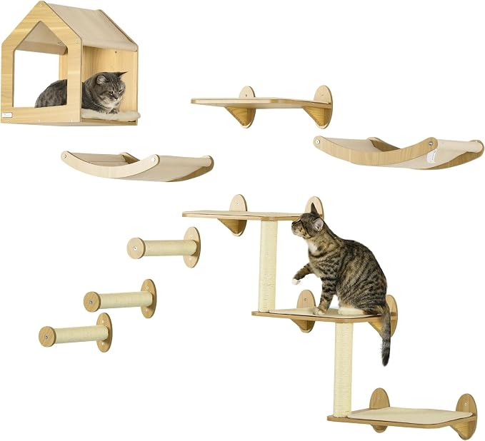 PawHut 8Pcs Wall Mounted Cat Tree Cat Shelf Set, Wall Furniture by PawHut