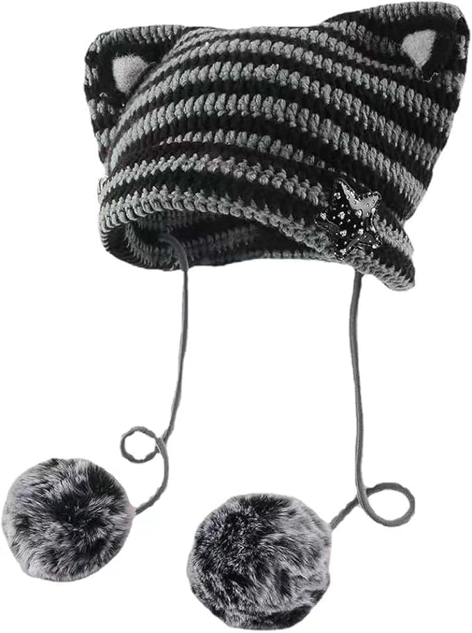 Y2k Beanie Cat Ear Gyaru Acubi Devil Crochet Hats Cute Kawaii Star Grunge by Sumleno