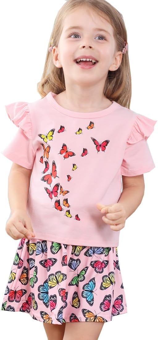 Akyzic Little Girl Skirt Outfit Two Piece Spring Summer Outfit Butterfly Dress - Image 2