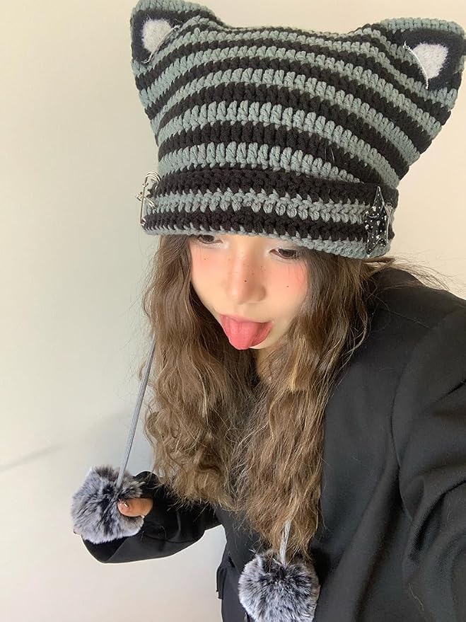 Y2k Beanie Cat Ear Gyaru Acubi Devil Crochet Hats Cute Kawaii Star Grunge - Image 3