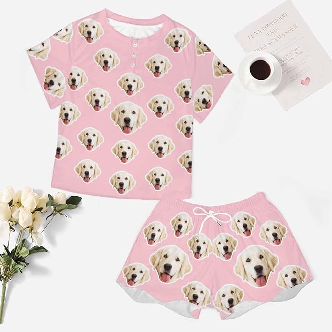 Custom Short Pajamas Set with Face Photo Women‘s Sleepwear Tee Personalized PJ - Image 5