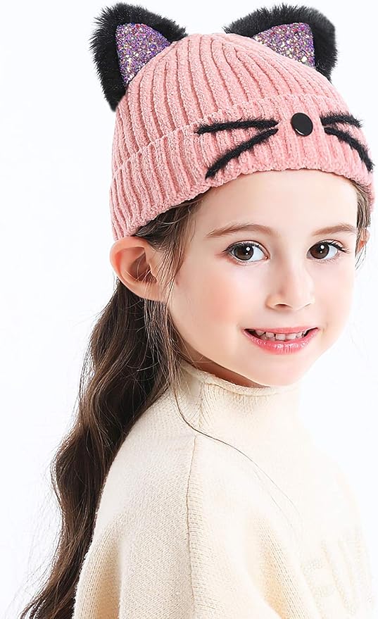 Bellady Mother Children Sequin Cat Ears Hats Warm Knit Crochet Beanies Cute - Image 4