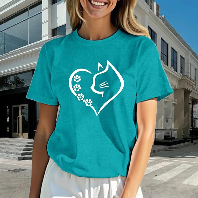 Cat Shirts for Women Cat Mom Tshirts Pet Lover Shirt Cats Paw Print Tee Tops - Image 2