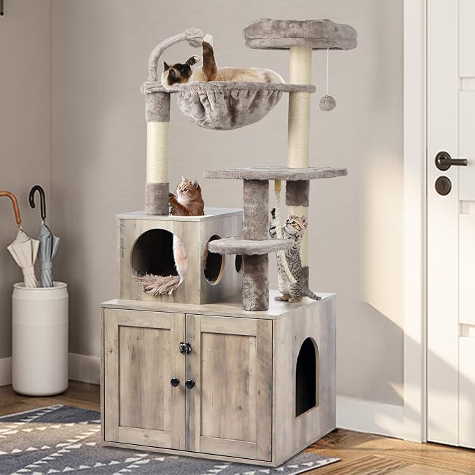 Cat Tree with Litter Box Enclosure, 2-in-1 Cat Tower - Image 9