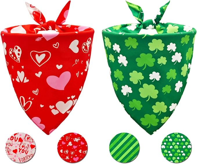 Valentine's & St. Patrick's Day Dog Bandana Set 2PCS-Large, Holiday Party by CozyHaus