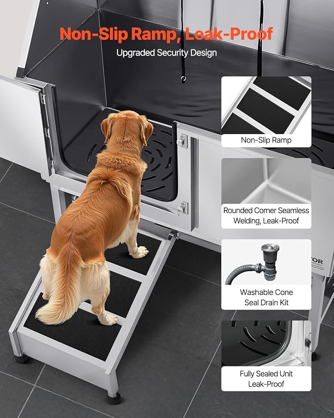 VEVOR Stainless Steel Dog Washing Station, Professional 62 inch Pet Grooming Tub w/Ramp, PE Water Filter Board, Faucet & Showerhead & Soap Holder Bathtub for Large & Medium & Small Pets (Left Door) - Image 3