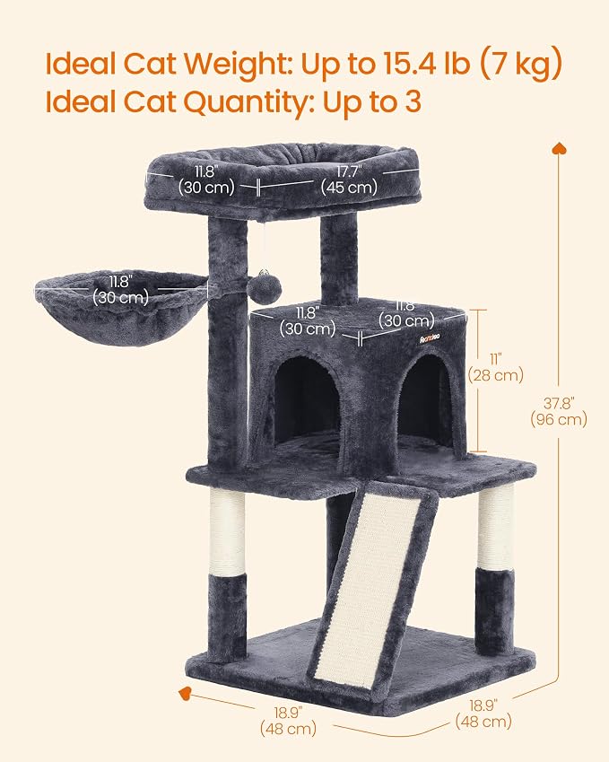 Feandrea Cat Tree, 37.8-Inch Cat Tower, Scratching Posts and Ramp, 2-Door Cave - Image 5