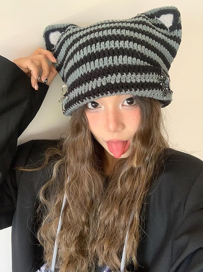 Y2k Beanie Cat Ear Gyaru Acubi Devil Crochet Hats Cute Kawaii Star Grunge - Image 4