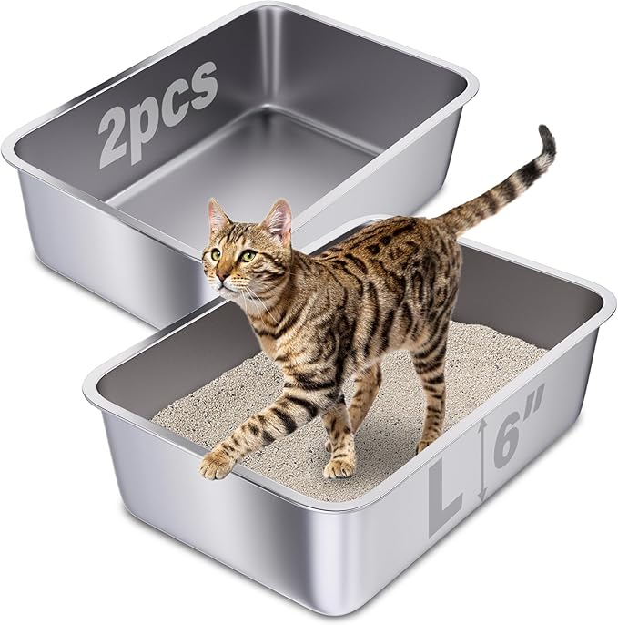 Stainless Steel Litter Box 2 Pack, Non Stick No Smell Cat Litterbox by Holintan