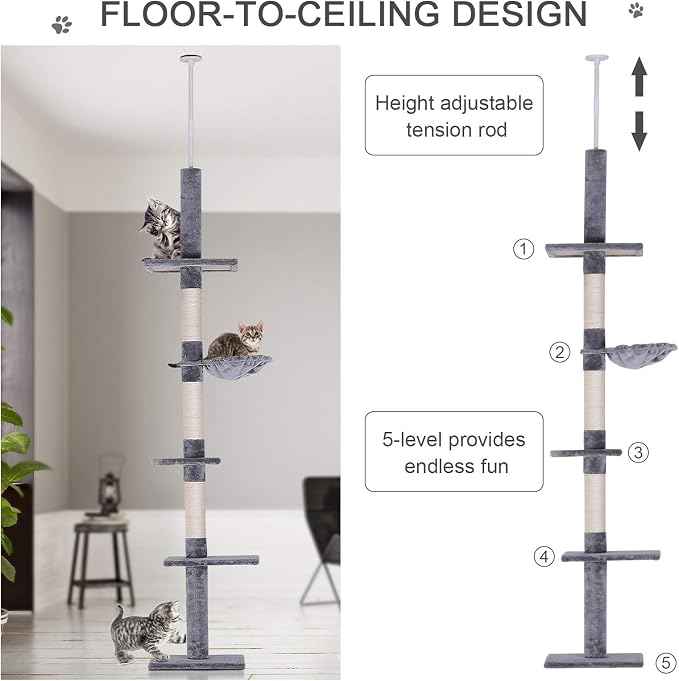 PawHut 102" Adjustable Height Floor to Ceiling Cat Tree, 5 Level Cat Tower - Image 4