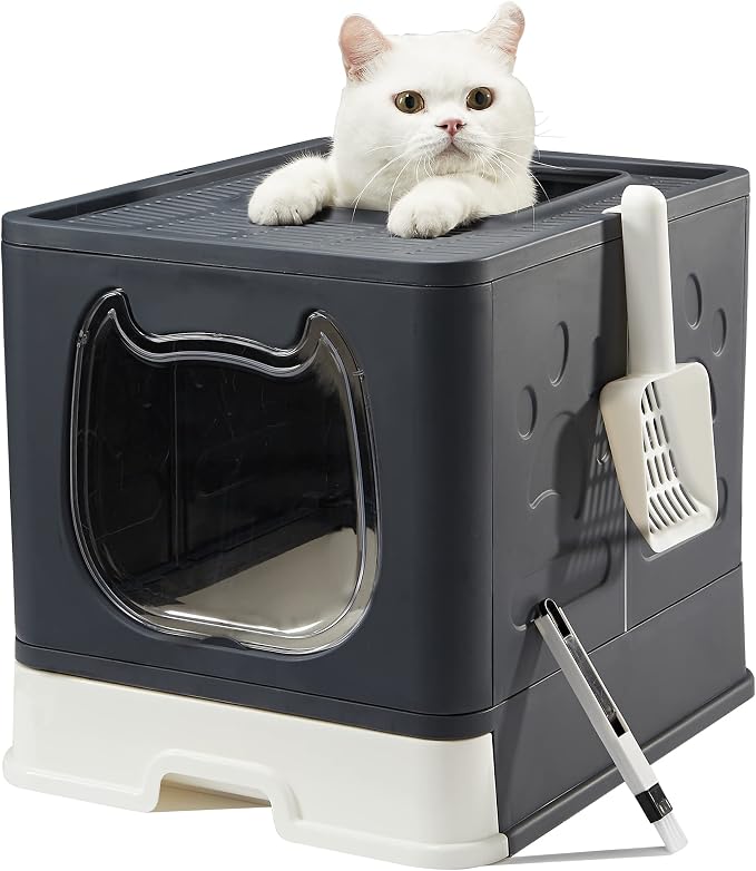 Cat Litter Box with Lid, Foldable Enclosed Covered Top Entry Kitten Litter Boxes by Pawsayes