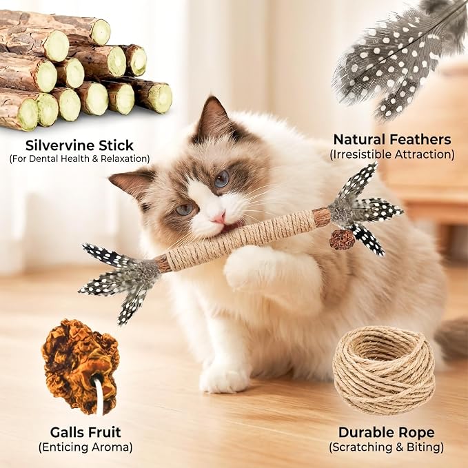 Cat Toys, 3 Pack Silvervine Cat Feather Toy Kitten Chew Stick Catnip Treat - Image 5