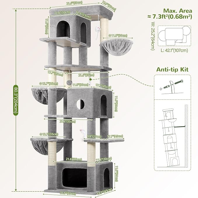 Globlazer Large Cat Tree, 80 inch Multi-Level Tall Climbing Tower Kitty Condos - Image 6