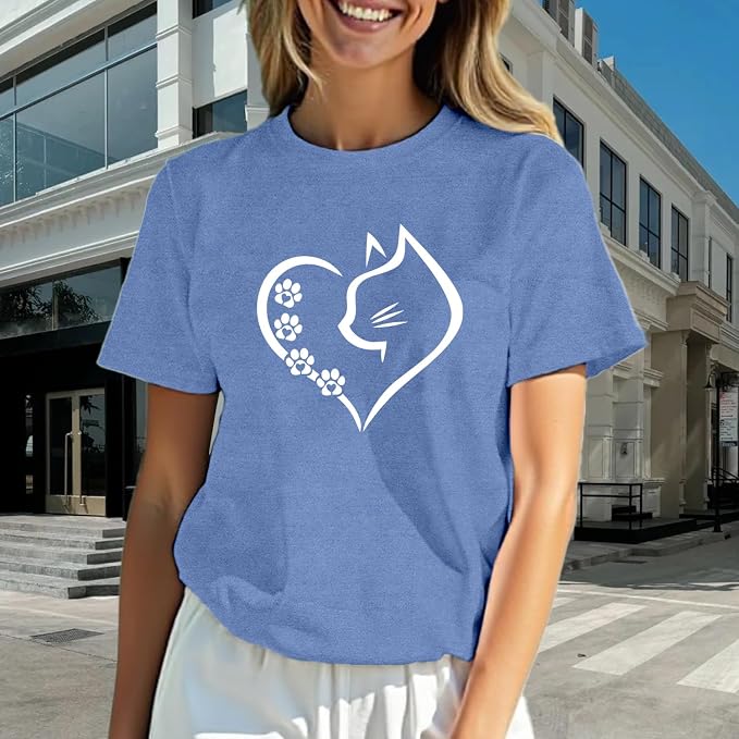 Cat Shirts for Women Cat Mom Tshirts Pet Lover Shirt Cats Paw Print Tee Tops - Image 2
