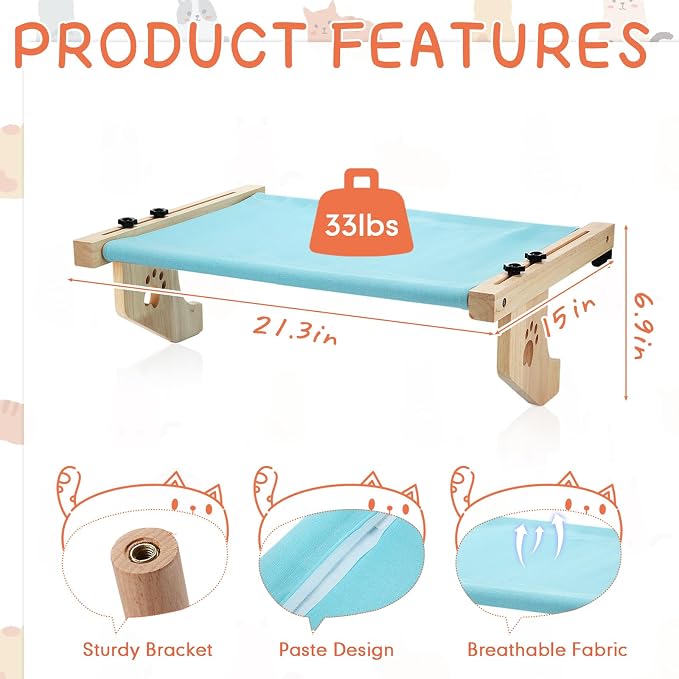 Pinkunn 2 Set Cat Window Sill Perch Adjustable Wood Small Cat Window Hammock - Image 2