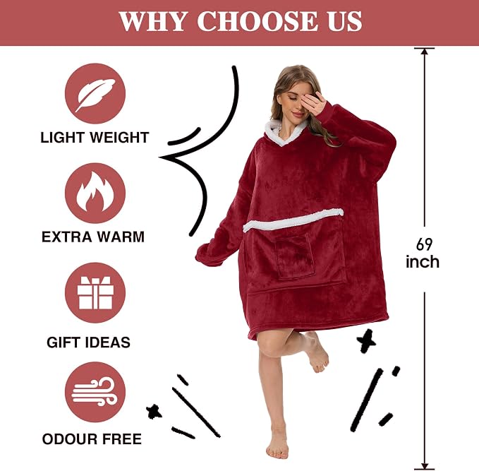 Wearable Blanket Hoodie with Giant Pocket, Soft Warm Sherpa Fleece Oversized - Image 4