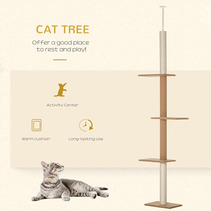 PawHut Floor-to-Ceiling Cat Tree Cat Climbing Tower - Image 3