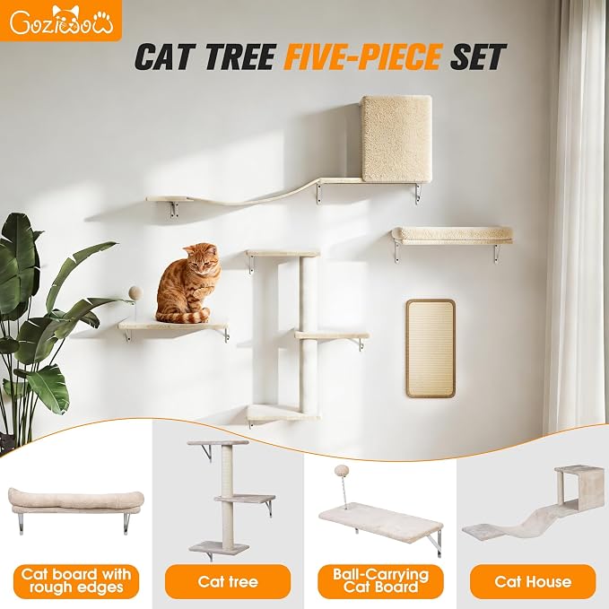 COZIWOW Cat Wall Shelves Set, 5-Piece Wall Mounted Cat Furniture - Image 2