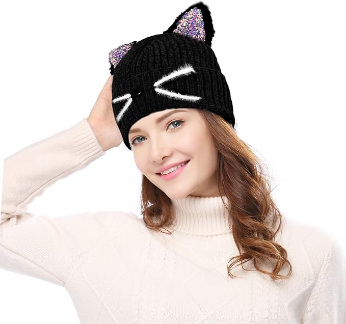 Bellady Mother Children Sequin Cat Ears Hats Warm Knit Crochet Beanies Cute - Image 3