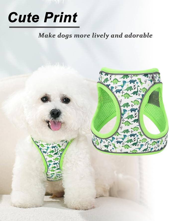 S Green Dinosaur Pattern Dog Harness and Leash Set, No Escape Puppy Harnesses - Image 2