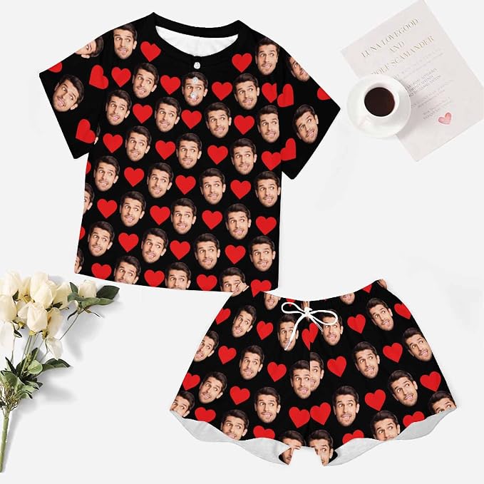 Custom Short Pajamas Set with Face Photo Women‘s Sleepwear Tee Personalized PJ - Image 5