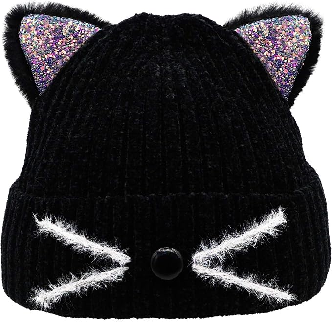 Bellady Mother Children Sequin Cat Ears Hats Warm Knit Crochet Beanies Cute - Image 6