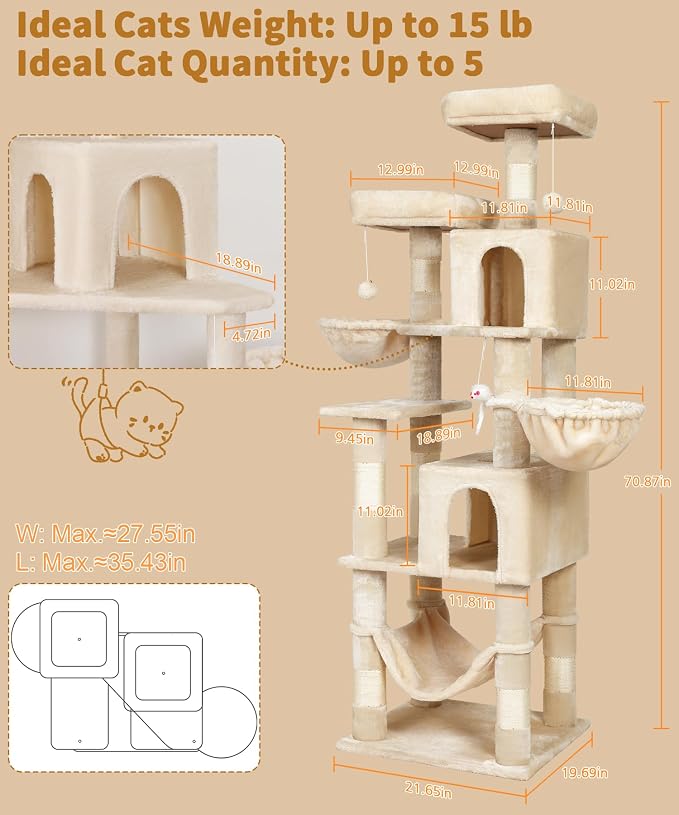 AMHANCIBLE Tall Cat Tree, 70 Inch Cat Tower - Image 2