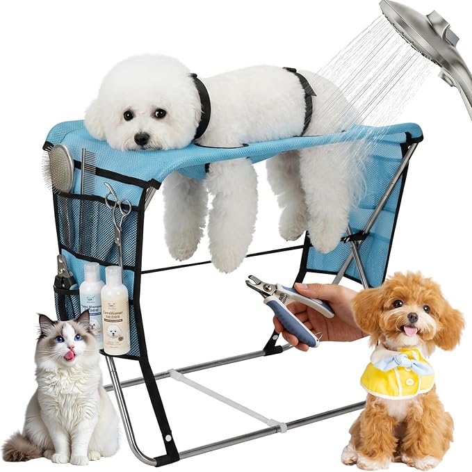 Foldable Dog Grooming Hammock with Stand for Small Dogs & Cats - 30 lbs by Bullro